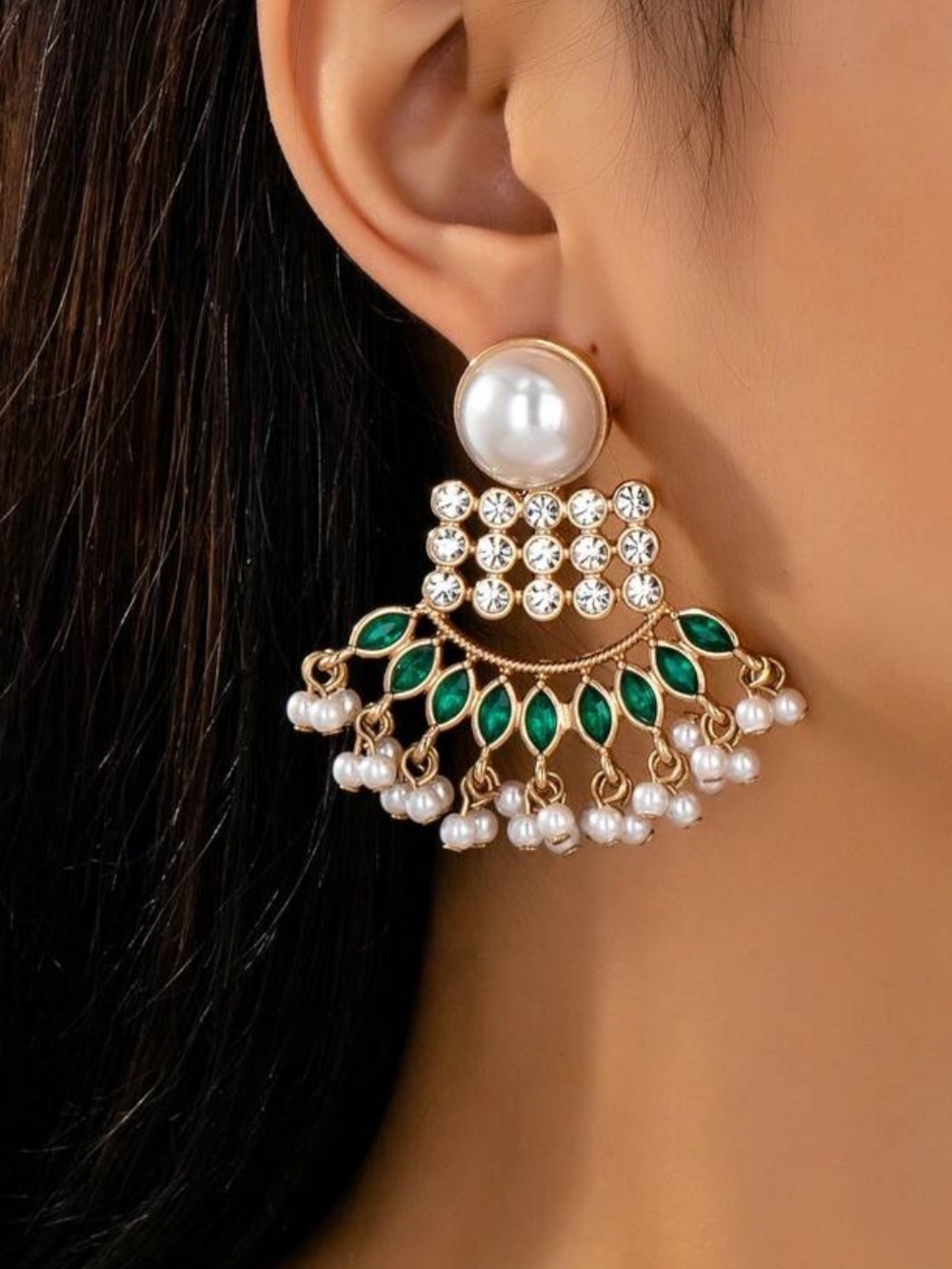 Gold Pearl & Emerald Fan Drop Earrings